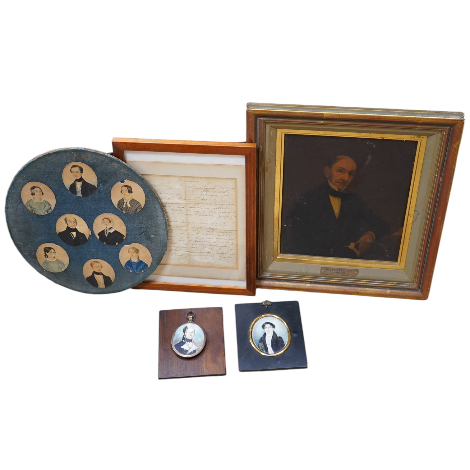 An archive of the Greenway family including a miniature on ivory of James Greenway RN, in naval officer’s uniform, enclosing a lock of hair to the reverse, together with another miniature on ivory of a gentleman, a board